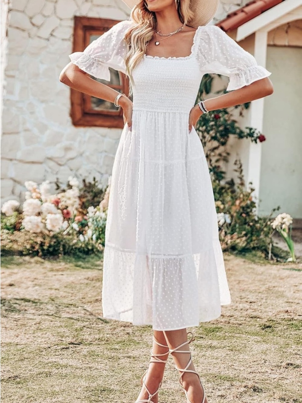 White Swiss Dot Smocked Midi Dress